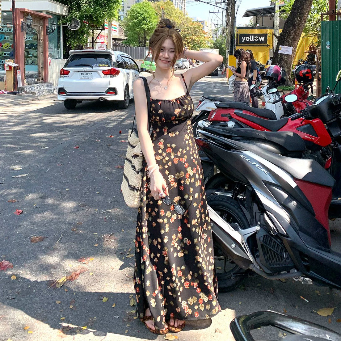 M~4XL【セットアップ】【単品注文】フレンチシック花柄キャミワンピース カーディガンセット レディース 大きいサイズ 夏 ロング丈 ウエストマーク リゾートコーデ【SHシリーズ】