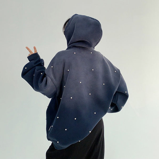 【トップス】小洒落デザイン ヴィンテージ風 グラデ刺繍＆ビーズ 裏起毛フード付きパーカー レディース【FCシリーズ】