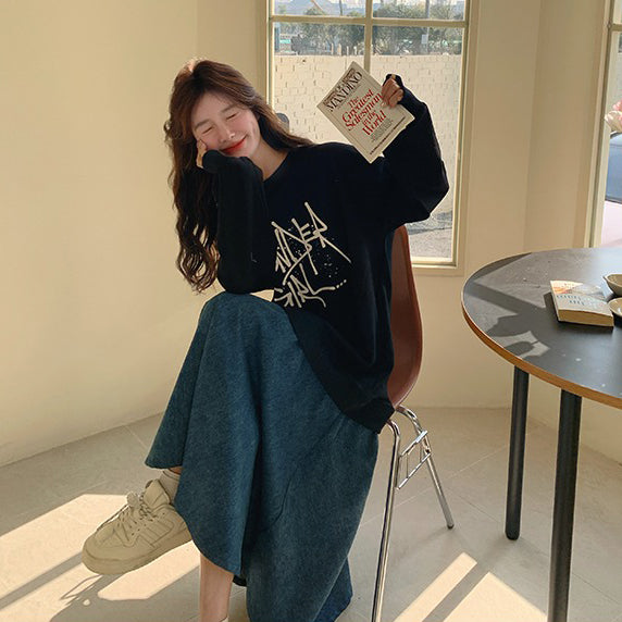 【ワンピース】レイヤード風 デニム切り替え 春秋 長袖ワンピース 爆売れ【JZシリーズ】