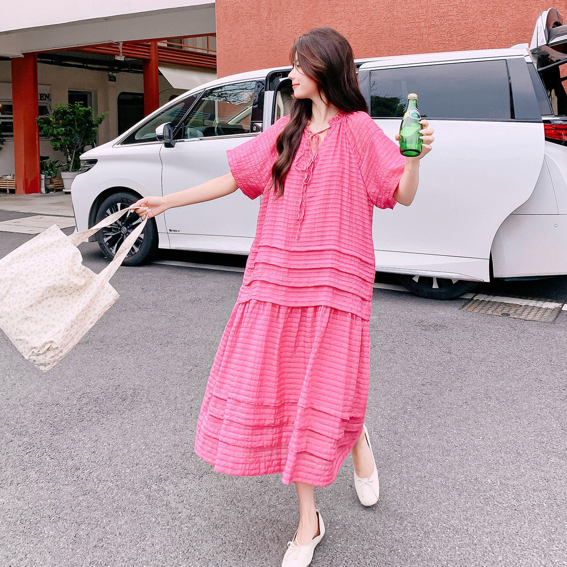 【ワンピース】ふんわり テクスチャー 半袖ワンピース レディース 夏 ゆったり おしゃれ 若見え ロングワンピース【JZシリーズ】