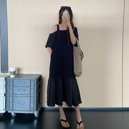 【ワンピース】オフショルダーワンピース レディース 夏 半袖 マーメイドシルエット ロング丈 ゆったり体型カバー 半袖 着痩せ デザインワンピース【JZシリーズ】