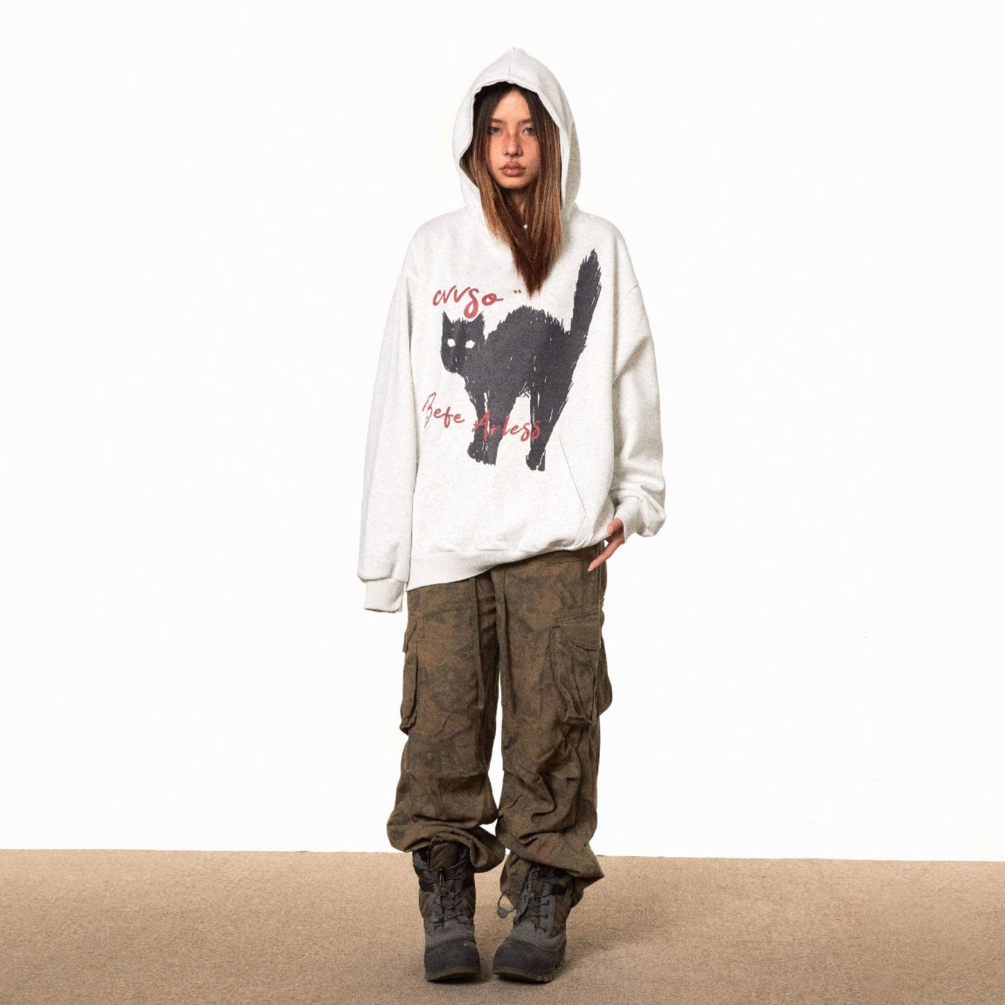 ペア着用OK！【トップス】カートゥーン 猫柄 フード付き スウェット レトロ ゆったり ユニセックス パーカー【FCシリーズ】