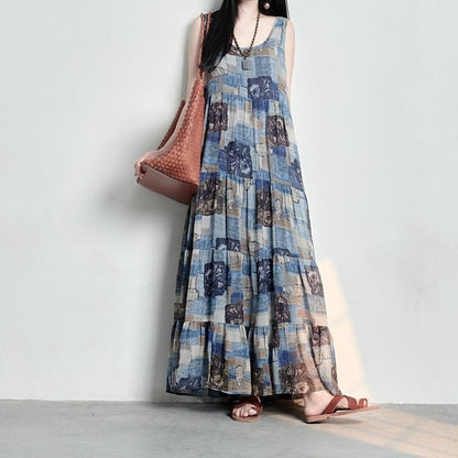 【ワンピース】コットンリネン 抽象柄プリント ゆったりした ノースリーブワンピース 【SHシリーズ】