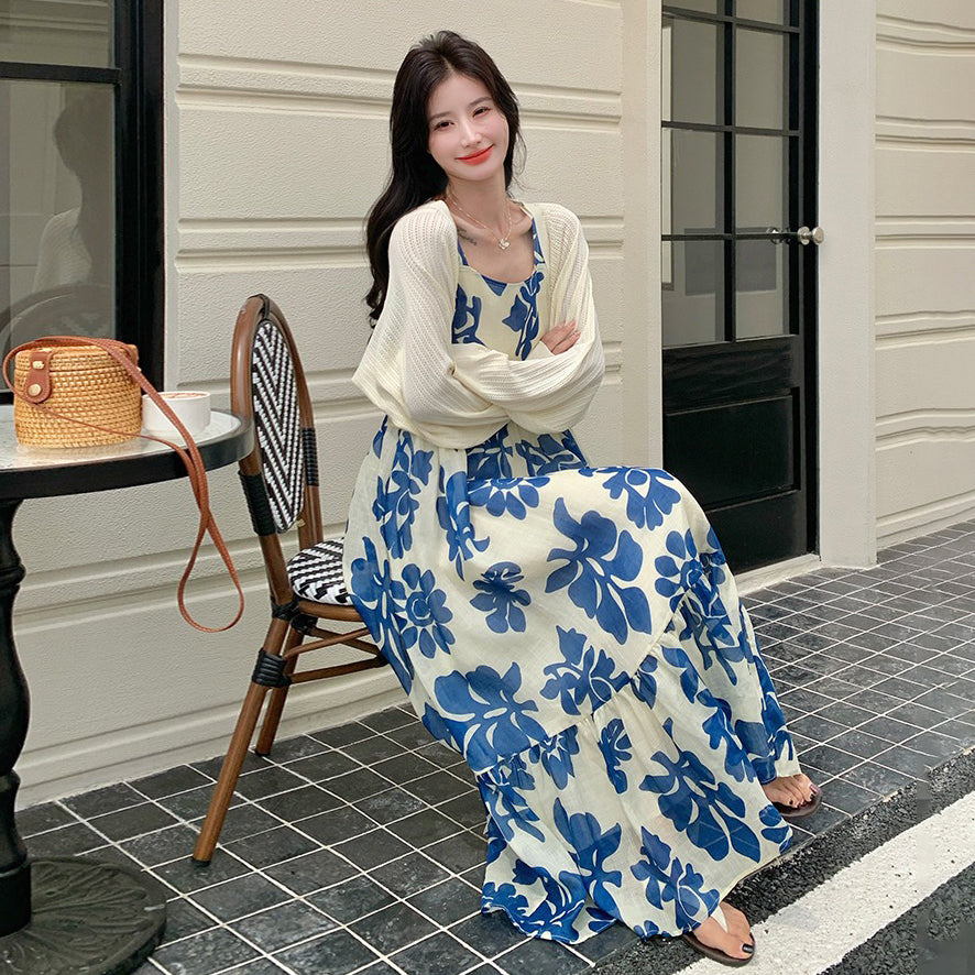 2点セット！【セットアップ】甘かわブルー花柄 ノースリーブワンピース＋UVカーデ セット レディース 夏 若見えスタイル【SHシリーズ】