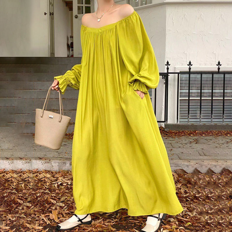 【ワンピース】夏春秋 全7色 韓国風オフショルダー ゆったり シルエットでスリムに見える 長袖ワンピース