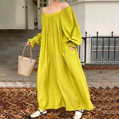 【ワンピース】夏春秋 全7色 韓国風オフショルダー ゆったり シルエットでスリムに見える 長袖ワンピース