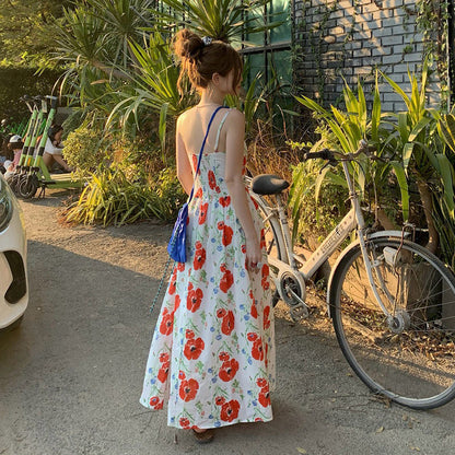 M~4XL【セットアップ】【単品注文】レトロ花柄キャミワンピース レディース 夏 ロング丈 Aラインワンピース カントリースタイル ウエストシェイプ【SHシリーズ】
