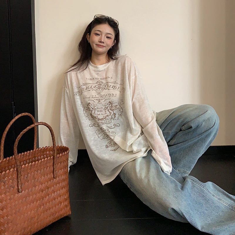【トップス】韓国風 プリントロンT レディース 春夏 オーバーサイズ 長袖Tシャツ ナチュラルコーデ【FCシリーズ】
