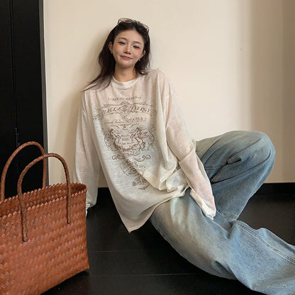 【トップス】韓国風 プリントロンT レディース 春夏 オーバーサイズ 長袖Tシャツ ナチュラルコーデ【FCシリーズ】