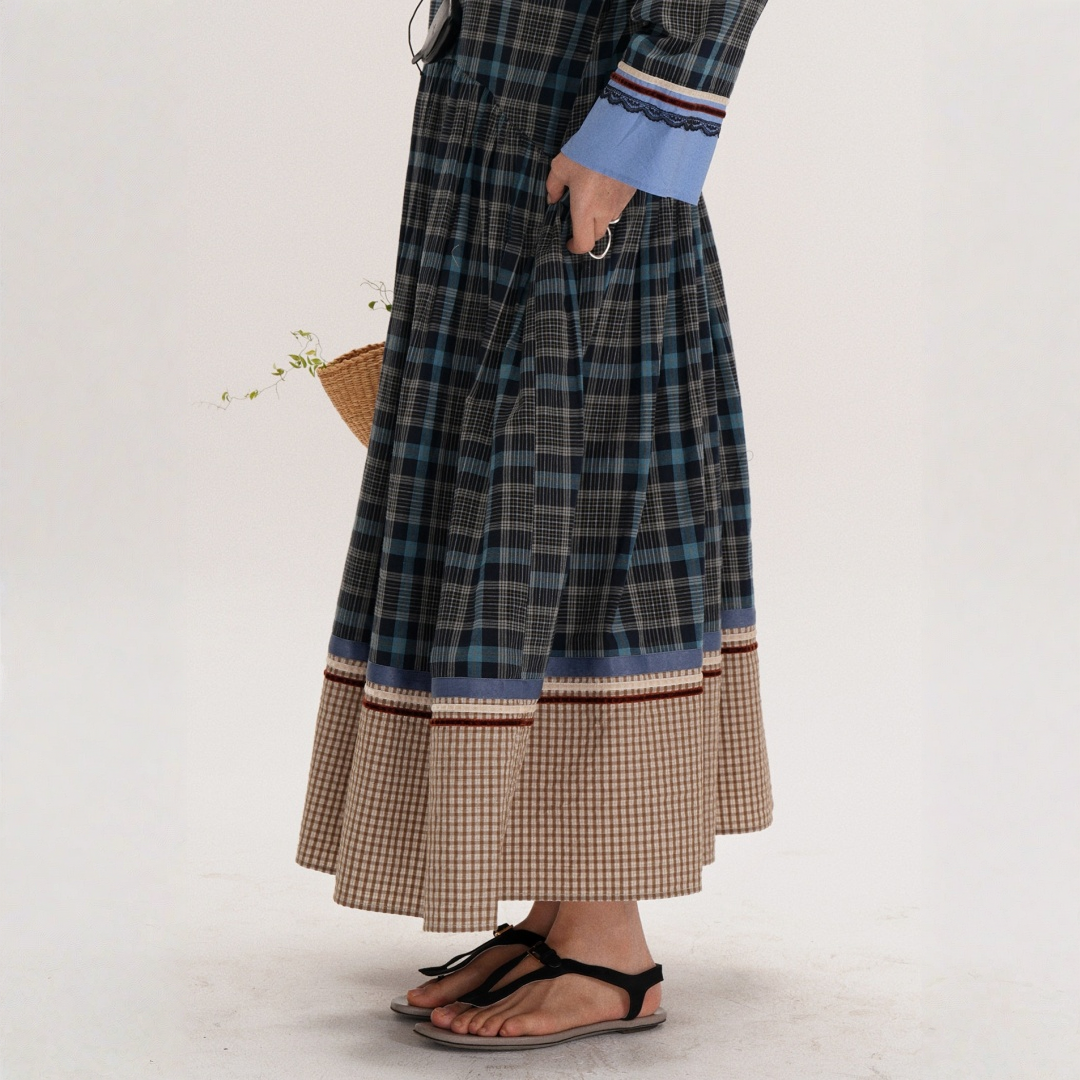 【ワンピース】レトロチェック柄 ナチュラル文芸風 クルーネック 長袖 ワンピース 【JZシリーズ】