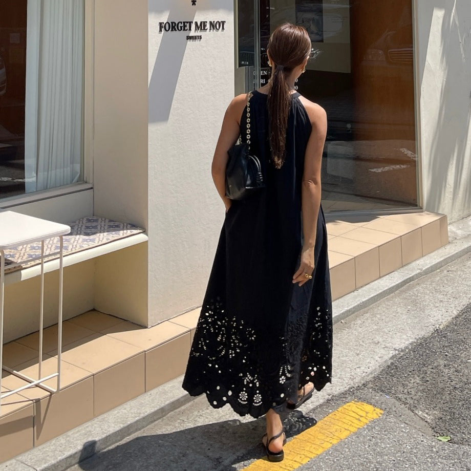 【ワンピース】透かし ノースリーブワンピース ゆったりシルエット レトロ ロングドレス【JZシリーズ】