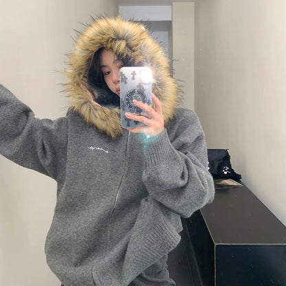 【アウター】春 秋 冬 ファーフード ヘビーウェイト 厚手 ニット ジャケット 【FCシリーズ】