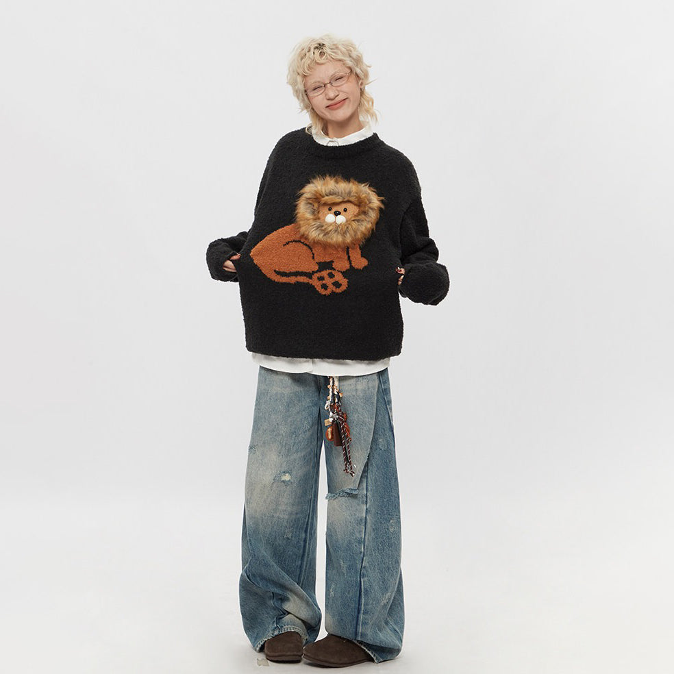 【トップス】ライオン柄 アメリカン カップル用 プルオーバーニット レディース 秋冬 新作 オーバーサイズ ゆるニット【FCシリーズ】