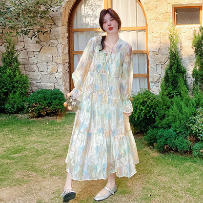 【ワンピース】超かわいい バタフライプリント ワンピース 春夏 ムード感たっぷり ハイウエスト 日焼け防止 ロングドレス【SHシリーズ】