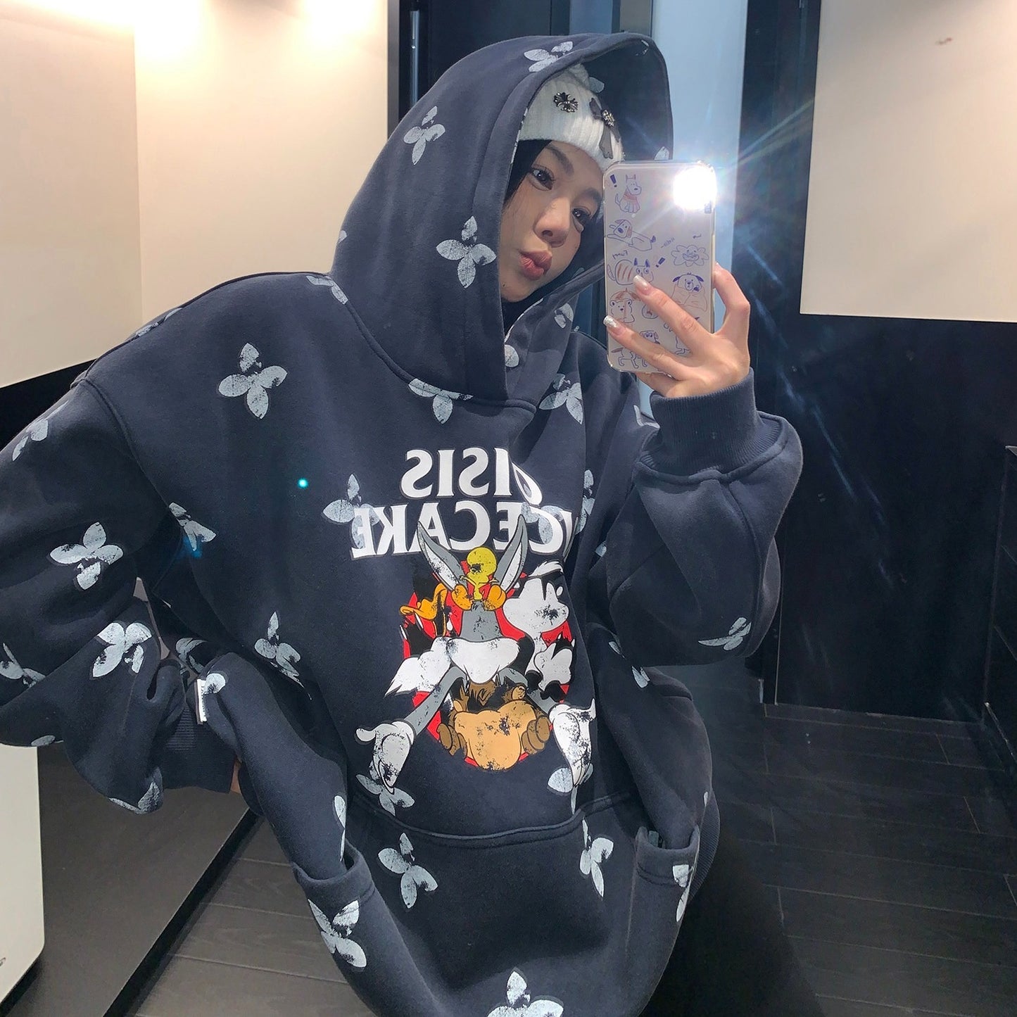 【トップス】レトロ ヴィンテージ加工 キャラクタープリント フード付き パーカー 【FCシリーズ】