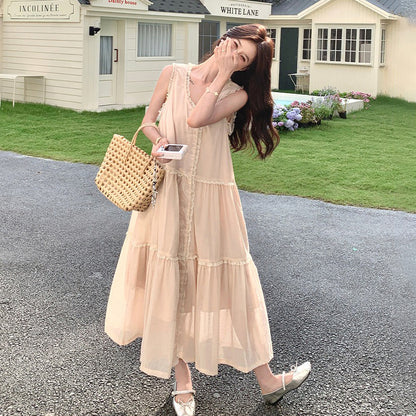 【ワンピース】フレンチ風 ノースリーブワンピース レディース 夏 レースデザイン Aライン 細見え 大人可愛い【JZシリーズ】
