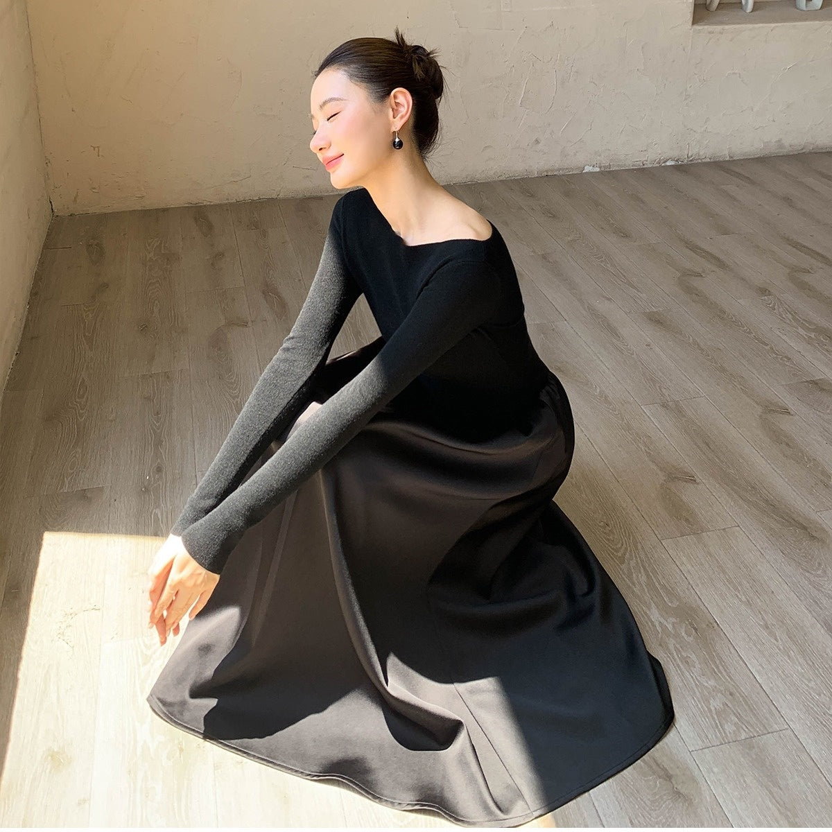 【ワンピース】春 秋 冬 ボートネック  切り替え 高級感 長袖 ワンピース【JZシリーズ】