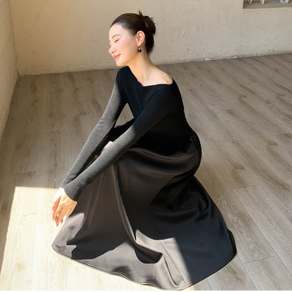 【ワンピース】春 秋 冬 ボートネック  切り替え 高級感 長袖 ワンピース【JZシリーズ】