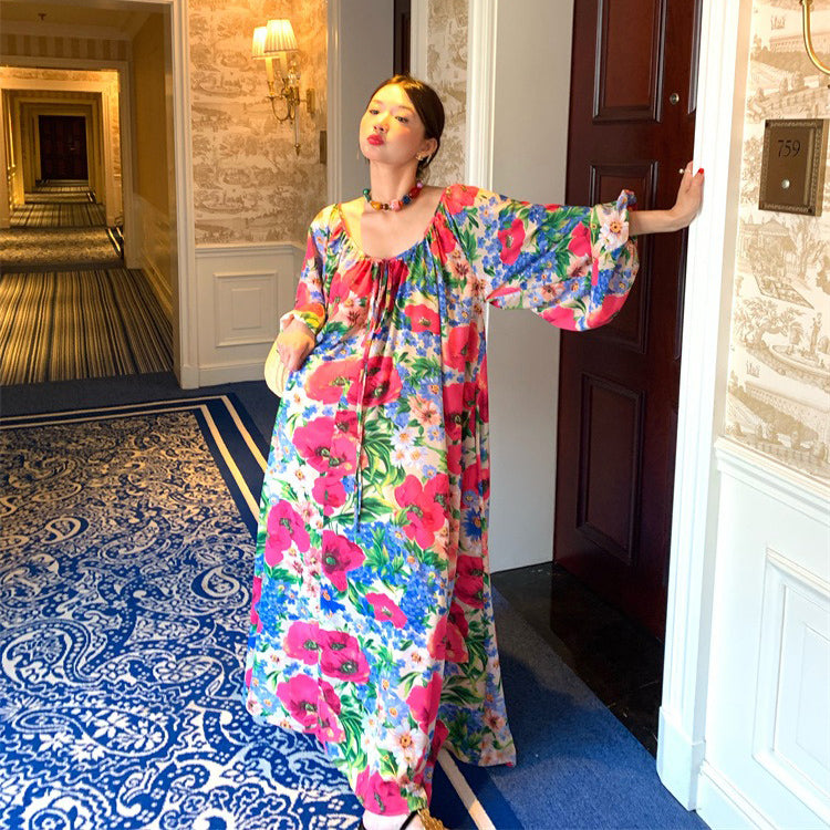 【ワンピース】超可愛い 春夏 ゆったり ロング丈  Vネック 背中あき 花柄 長袖ワンピース【SHシリーズ】