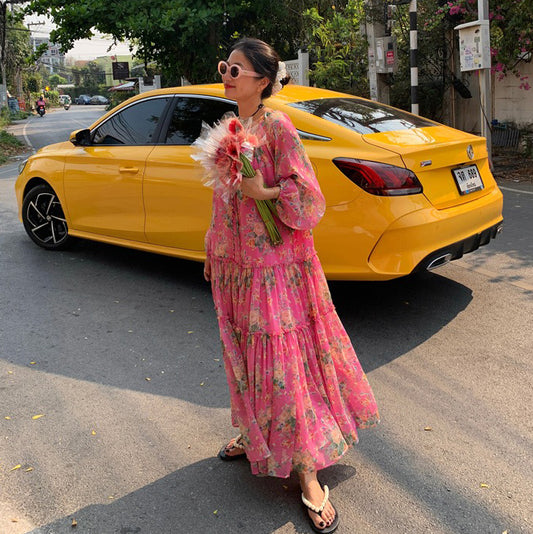 【ワンピース】今年流行の美しいワンピース ゆったりシフォン長袖 ワンピース【SHシリーズ】