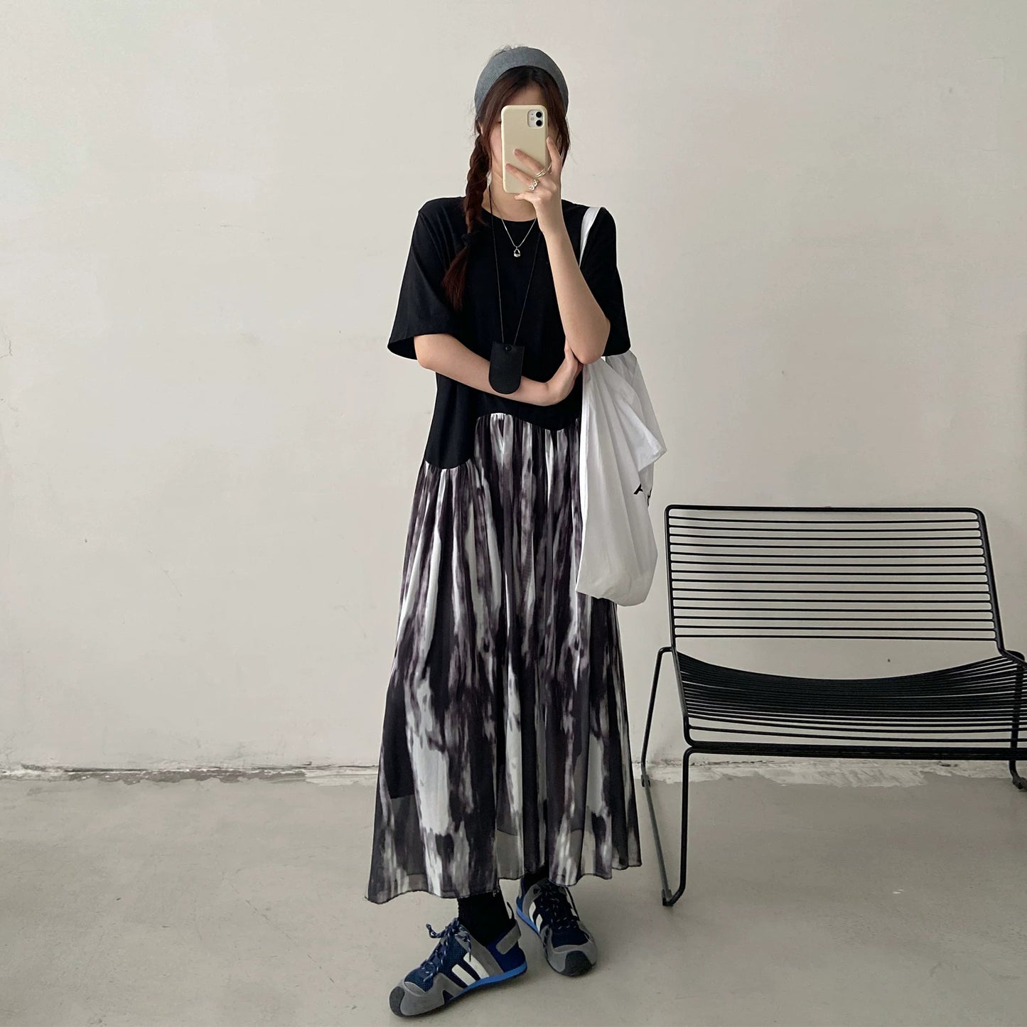 【ワンピース】レイヤード風ロングTシャツワンピース レディース 夏 ブラック グラデーションデザイン 半袖 ゆったり体型カバー カジュアルワンピース【JZシリーズ】