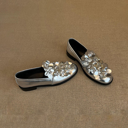 【シューズ】ミドルヒール フラワーデザイン ローファー レディース カジュアル 春秋コーデ パンプス