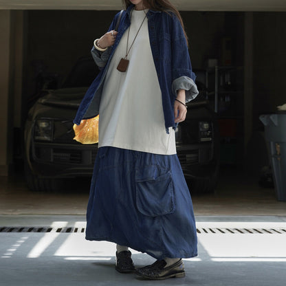 【ボトムス】初秋新作 日系デザイン×切り替えポケット付きデニムロングスカート｜落ち感のある素材で大人っぽく決まる一枚【JZシリーズ】