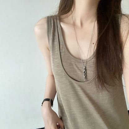 【ワンピース】夏新作 レイヤードデザイン ノースリーブ ワンピース 大きめクルーネック リゾート 旅行 ロングドレス【FCシリーズ】