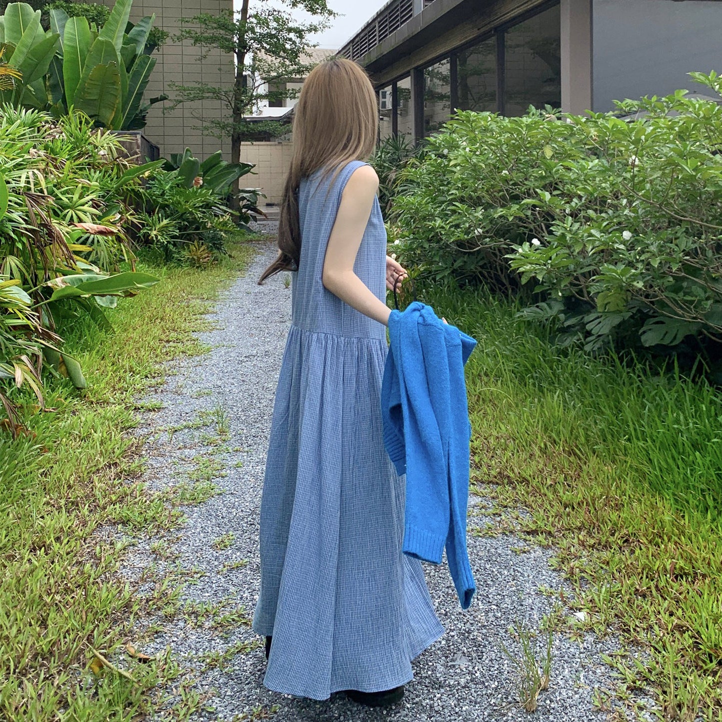 M~4XL【ワンピース】チェック柄 レディースノースリーブワンピース フロントボタン ロング丈ゆるシルエット【 JZ シリーズ】
