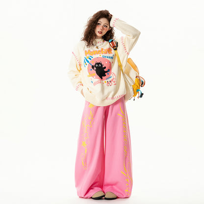 【トップス】アメリカンレトロ 猫モチーフ 猫柄 ネコ クルーネック ニット ルーズ 秋新作【FCシリーズ】