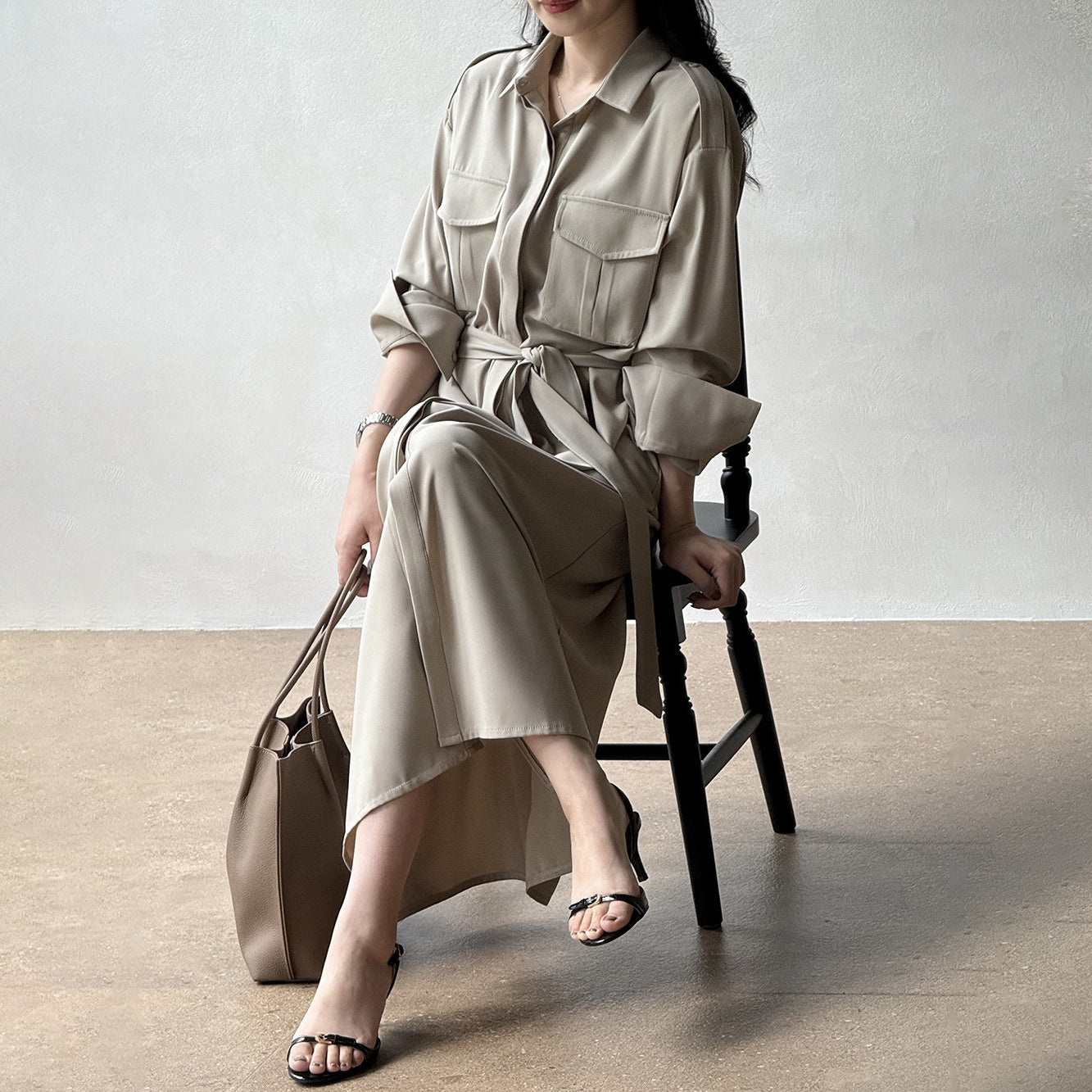 【ワンピース】ベルト付きシャツワンピース レディース 長袖 ミディ丈 オフィススタイル OL 秋服【JZシリーズ】