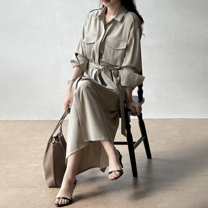 【ワンピース】ベルト付きシャツワンピース レディース 長袖 ミディ丈 オフィススタイル OL 秋服【JZシリーズ】