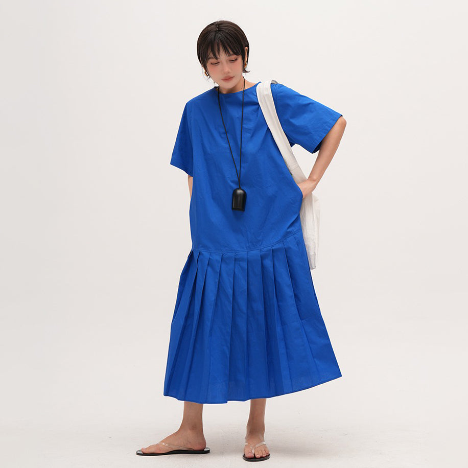 【ワンピース】クラインブルー  ラウンドネック 半袖ワンピース 夏用 薄手 大きいサイズ レトロロングドレス【JZシリーズ】