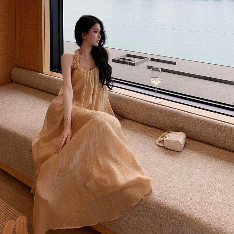 【ワンピース】リゾート風 キャミワンピース レディース 夏新作 海辺 ゆったり ノースリーブ ロングワンピース フレンチ【SHシリーズ】