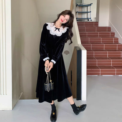 【ワンピース】オードリー風 レース 長袖ワンピース レディース 秋冬 上品 レトロ 細見え ロングドレス【JZシリーズ】