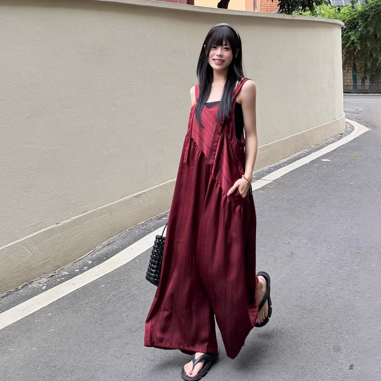 【ボトムス】ストライプ サロペット レディース 夏 オーバーサイズ ワイドパンツ ゆったり 体型カバー オールインワン 人気 リラックスコーデ【SHシリーズ】