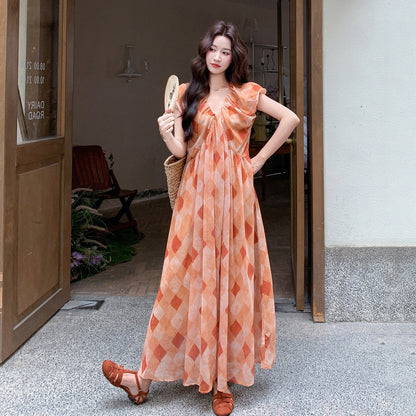 【ワンピース】ワンピース 夏 Vネック 半袖 ダイヤ柄プリント ロング丈 フレンチスタイル リゾート バカンス ゆったり 着痩せ 上品【SHシリーズ】