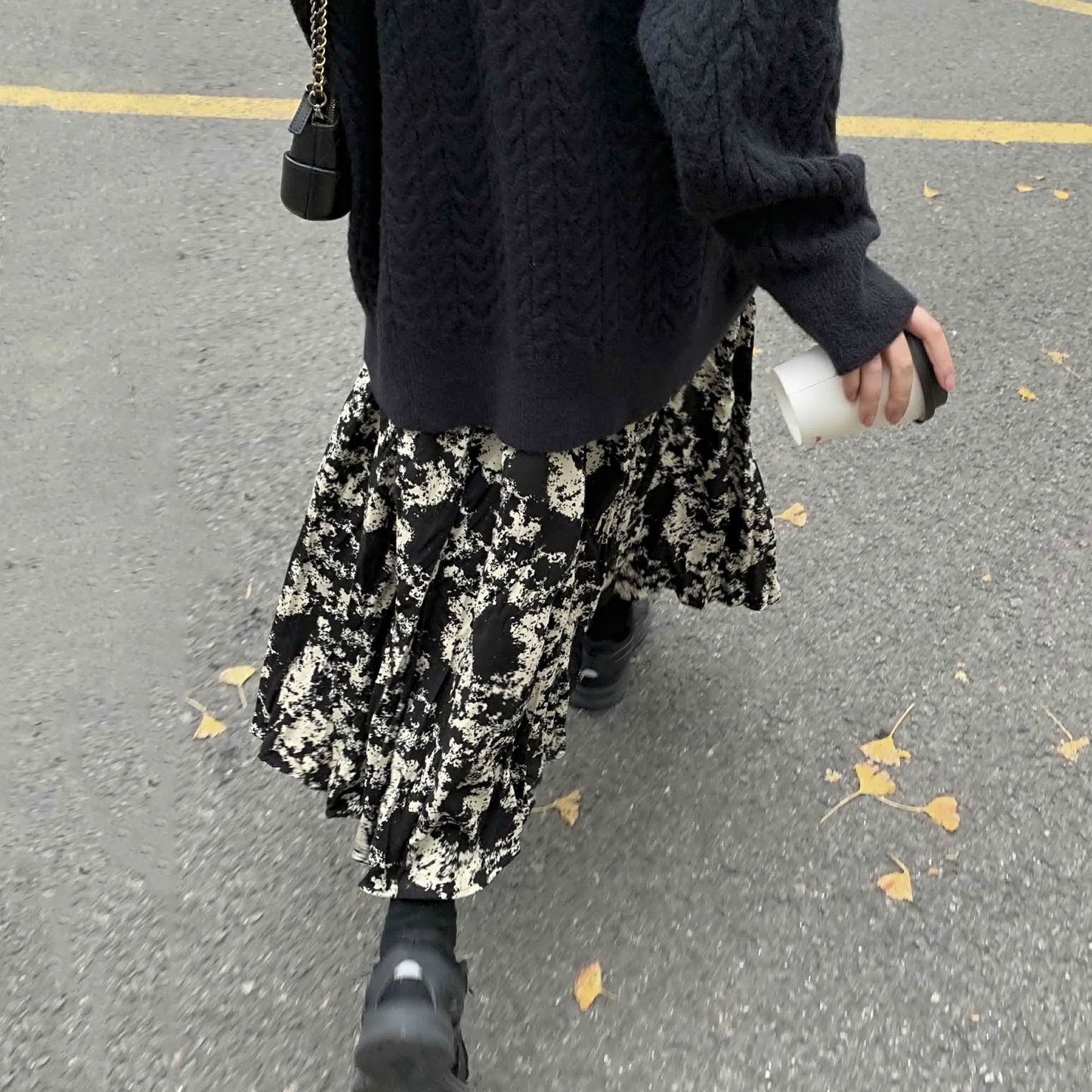 【ボトムス】ブラック花柄 ロングスカート 秋冬 ハイウエスト 体型カバー 小众デザイン【SHシリーズ】