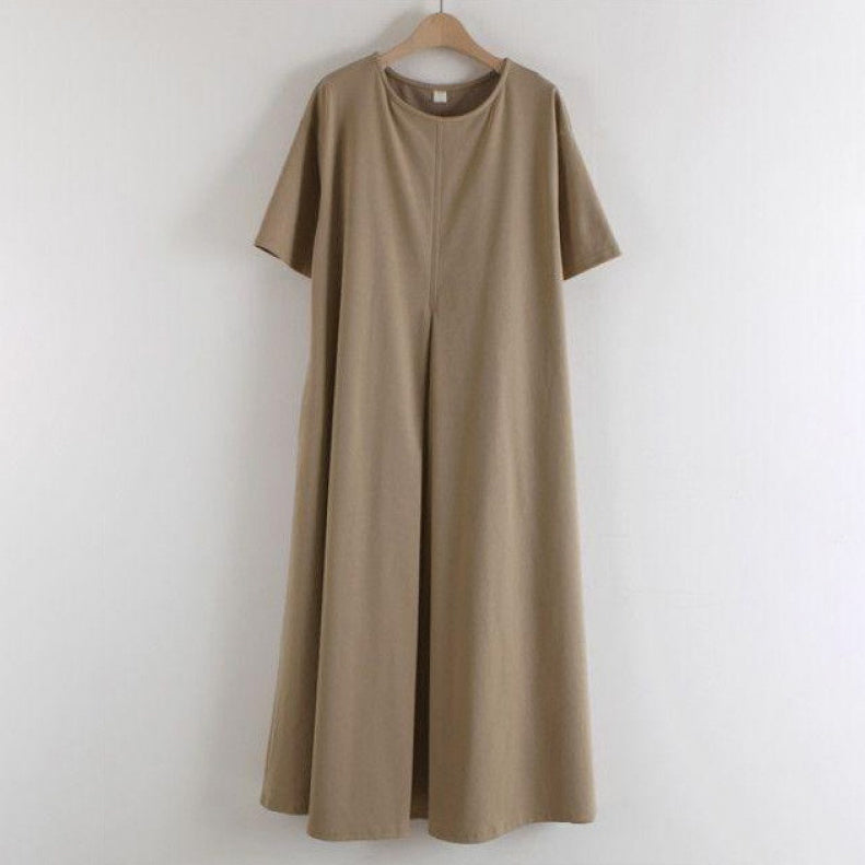 【ワンピース】🌸春夏 新作 韓国風 ラウンドネック 半袖 ワンピース ゆったり ロング丈 スリット入り レディース【JZシリーズ】