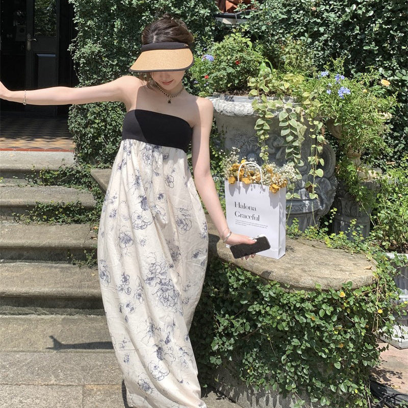 【ワンピース】フレンチ風 水墨柄 ベアトップワンピース レディース オフショルダー チューブトップ ロング丈 セクシー エレガント ノースリーブ ビーチ リゾートワンピース【SHシリーズ】