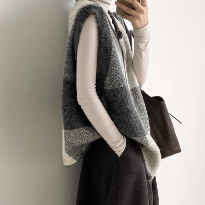 【トップス】レトロ 配色 チェック ニット ベスト レディース 秋 ゆったり クルーネック セーター【JZシリーズ】