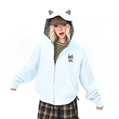 【アウター】レオパード柄 猫耳 フードジップアップ スウェット レディース ゆったりBF風 カジュアルジャケット【シリーズ】