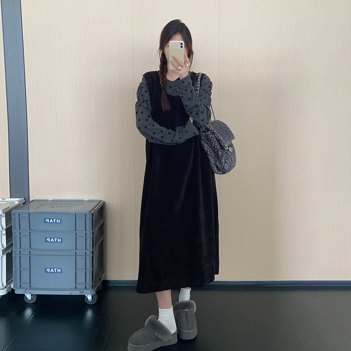 【セットアップ】【単品注文】ドット柄トップス×ジャンパースカート 2点セット レディース 秋冬新作 ゆったり 体型カバー ワンピースセット【JZシリーズ】