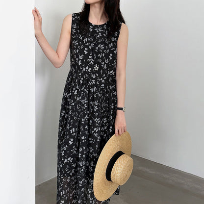【ワンピース】花柄 ワンピース レディース 夏 ノースリーブ ラウンドネック ロング丈 ゆったり 体型カバー リゾート 人気【JZシリーズ】