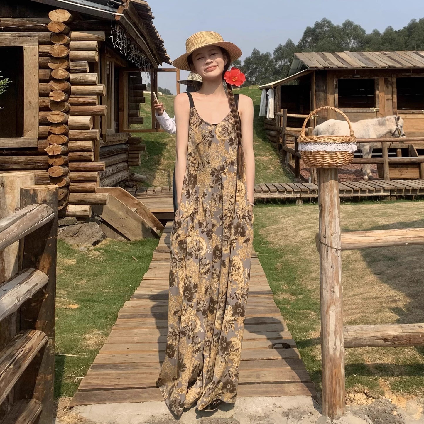 【ボトムス】ゆったりカジュアル 気質Vネック 夏のヴィンテージ風 ノマドテイストキャミオールインワン【SHシリーズ】