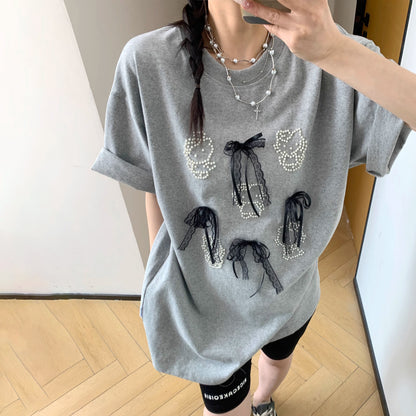 【トップス】【10～15日内発送】夏新作 個性派デザイン レースリボン＆パール付き 綿100％ 半袖Tシャツ【FCシリーズ】