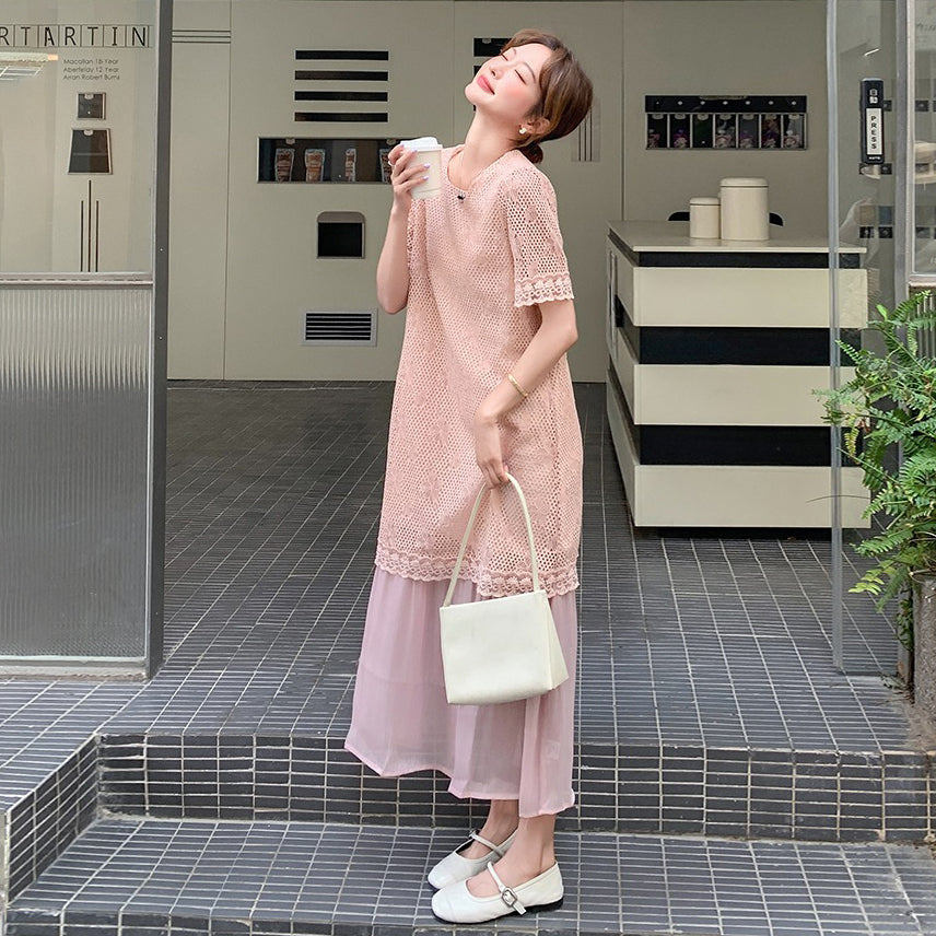 【ワンピース】レース 透かし編み 切り替え ドッキング風 半袖ワンピース レディース 夏新作 甘め上品 ロング丈ドレス【JZシリーズ】