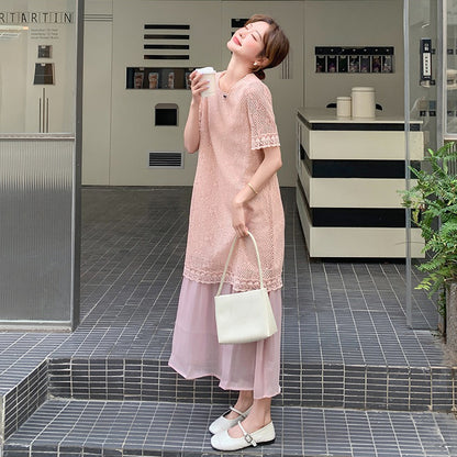 【ワンピース】レース 透かし編み 切り替え ドッキング風 半袖ワンピース レディース 夏新作 甘め上品 ロング丈ドレス【JZシリーズ】