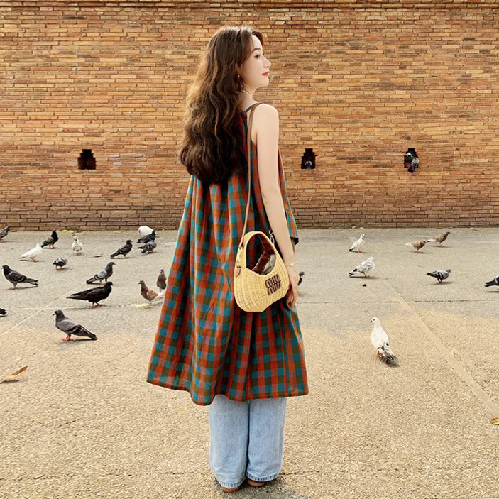 【ワンピース】バイカラー チェック柄 レイヤード風 ノースリーブワンピース レディース 夏 ゆったり 上品 トレンド感 ロングドレス【SHシリーズ】