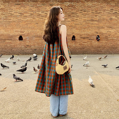【ワンピース】バイカラー チェック柄 レイヤード風 ノースリーブワンピース レディース 夏 ゆったり 上品 トレンド感 ロングドレス【SHシリーズ】